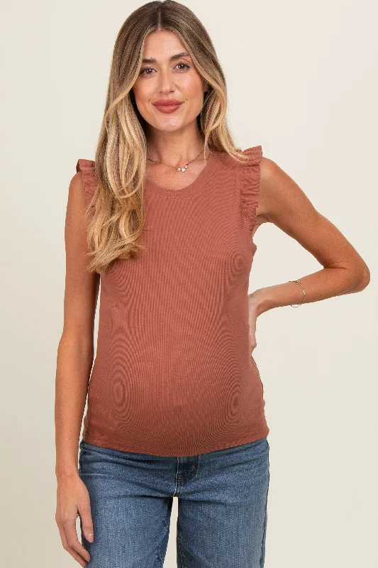 rust-ribbed-ruffle-shoulder-maternity-tank-top