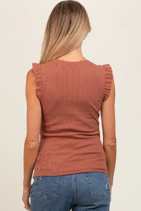 rust-ribbed-ruffle-shoulder-maternity-tank-top