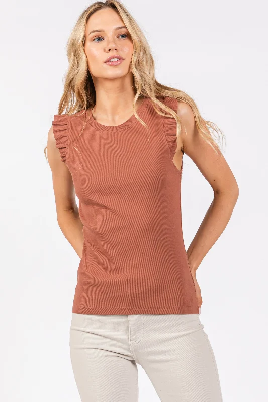 rust-ribbed-ruffle-shoulder-maternity-tank-top