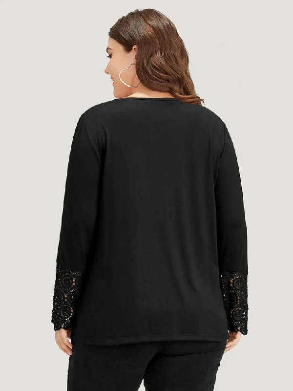 solid-round-neck-button-up-lace-panel-t-shirt