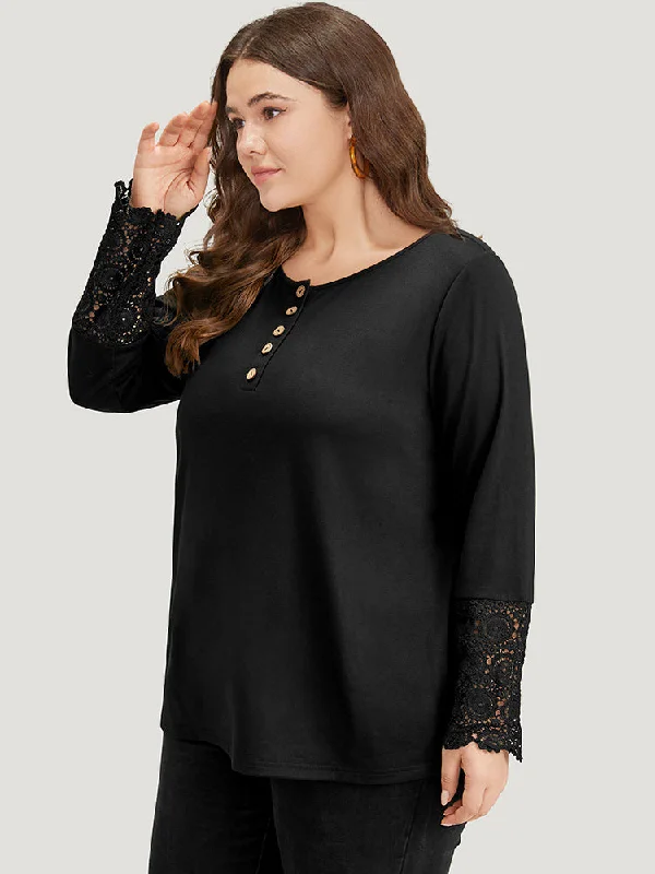 solid-round-neck-button-up-lace-panel-t-shirt