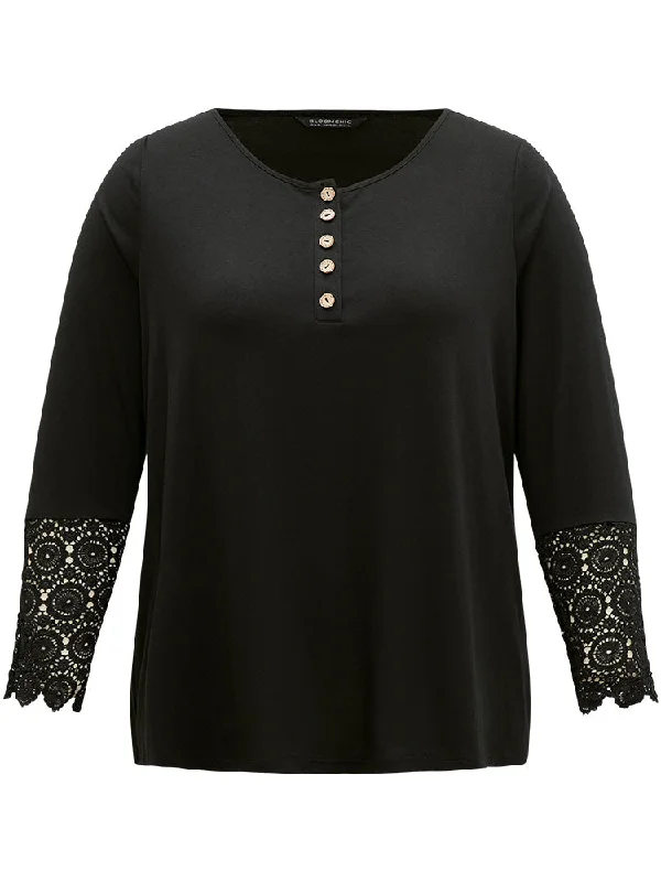 solid-round-neck-button-up-lace-panel-t-shirt