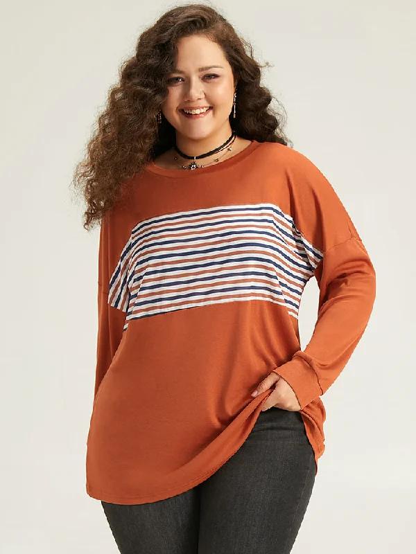 Halloween Striped Patchwork Round Neck Drop Shoulder T-shirt