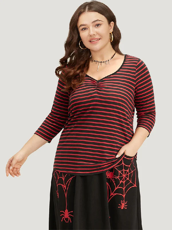 striped-two-tone-ruched-two-piece-knit-top