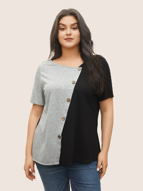 Two Tone Button Detail Asymmetrical Neck T-shirt