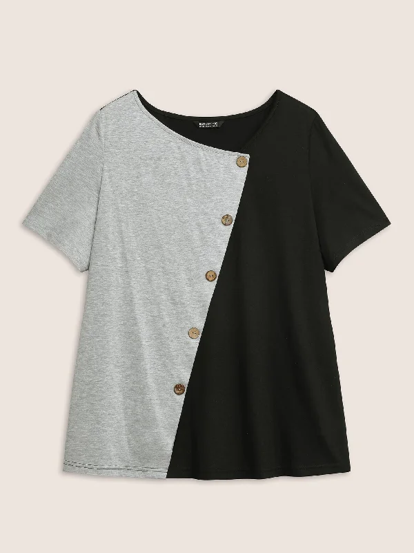 two-tone-button-detail-asymmetrical-neck-t-shirt