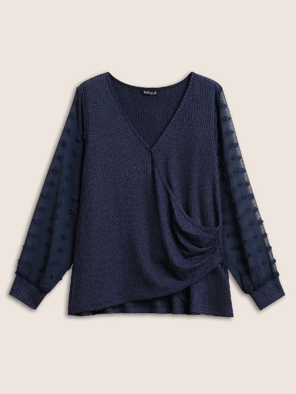 waffle-knit-patchwork-wrap-mesh-t-shirt