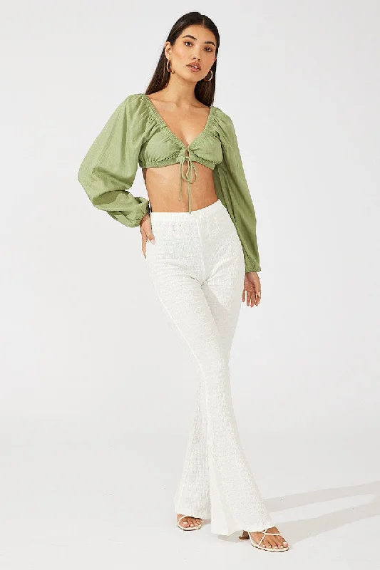 White Flare Leg Pants Textured Jersey