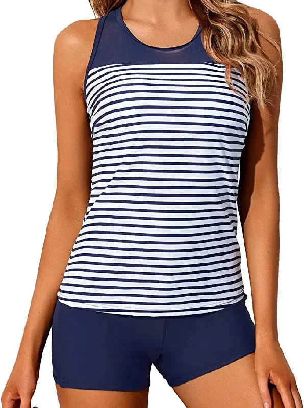 Sporty Tummy Control Tankini Swimsuits For Teens-Blue White Stripe