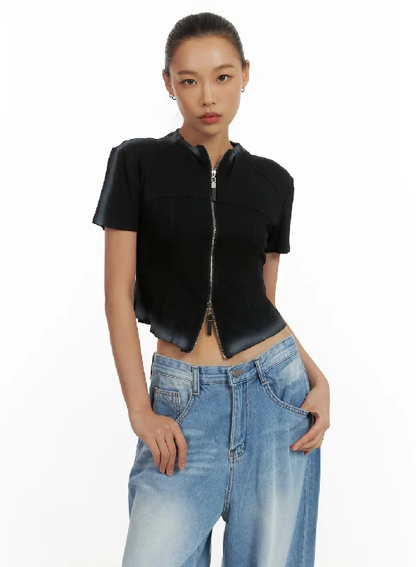 Zip-Up Half Neck Crop Top CU414